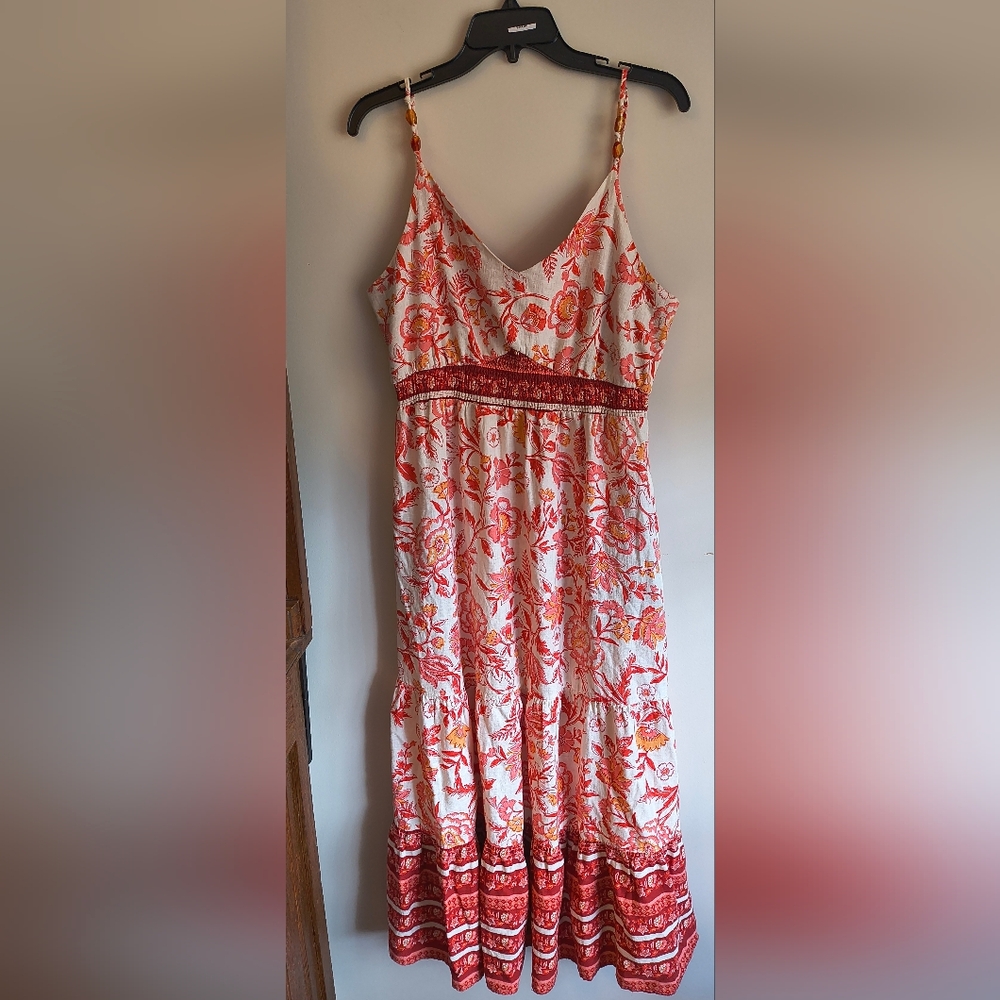 Rachel Zoe Coral Linen Blend Tiered Maxi Dress Size L Spaghetti Straps Vacation
